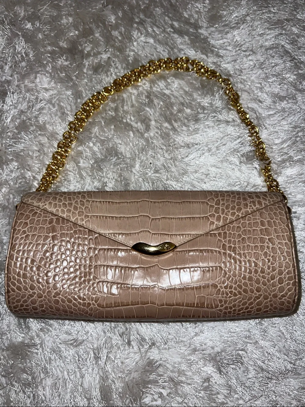 Lauren Ralph Lauren Taupe Croc-Embossed Chain Shoulder Clutch